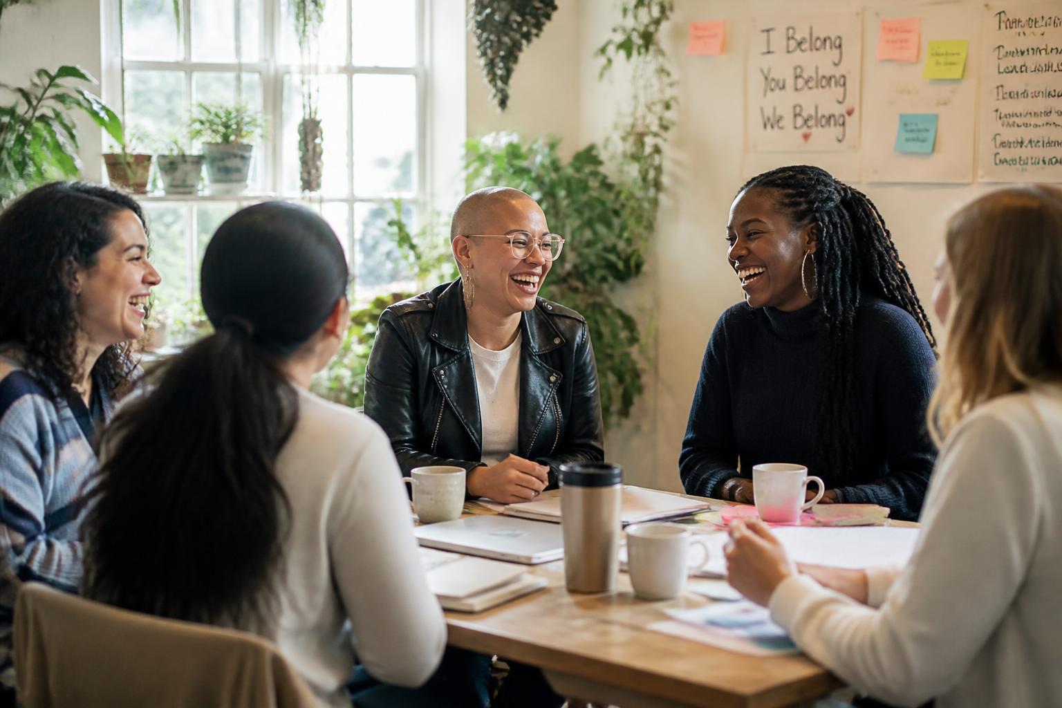 Women laughing together around a table during a workshop
